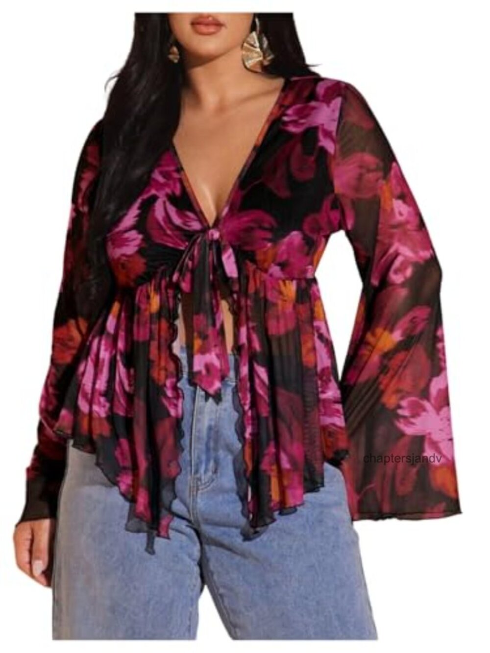Women's Plus Size Boho Bell Sleeve Peplum Floral Blouse